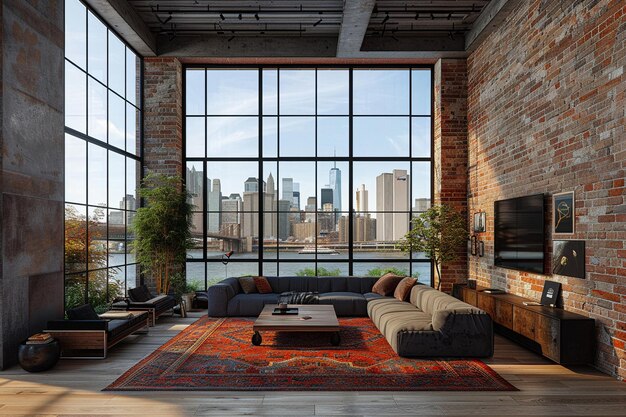 Minimalist urban loft with exposed brick and large