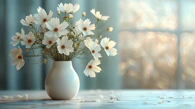 Minimalist Vase of Delicate Flowers on Solid Color Background