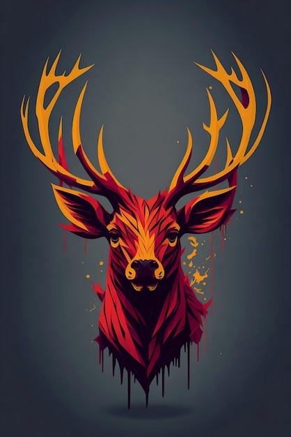 A minimalist vector art illustration of a deer head in a colorful red and yellow logo design