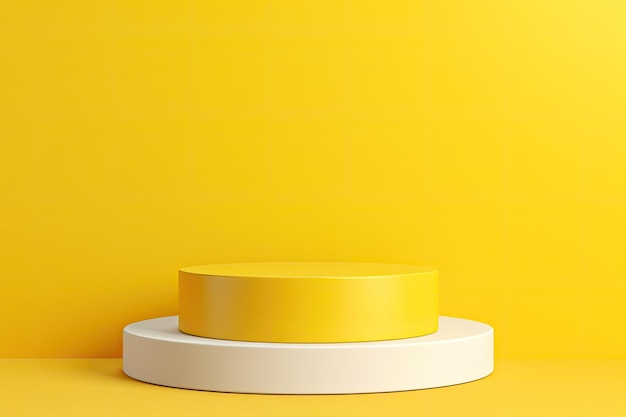 A minimalist vibrant yellow summer background showcases a white podium shelf or an unoccupied pedest