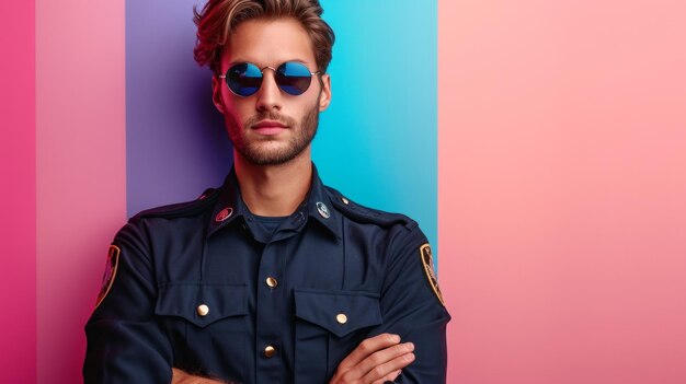 minimalist vivid advertisment background with handsome police man and copy space