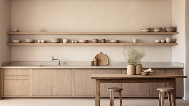 Minimalist wabi sabi kitchen in style of beige and natural wood colors