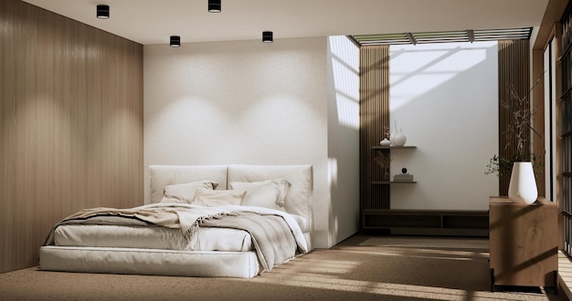 Minimalist wabisabi bedroom plant and decoartion in japanese bedroom 3D rendering