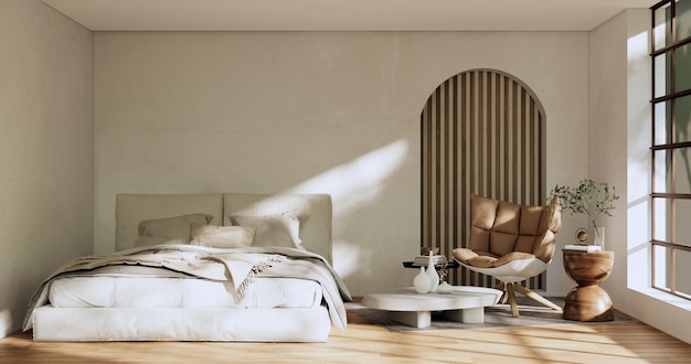 Minimalist wabisabi interior mock up with zen bed plant and\
decoartion in japanese bedroom 3d rendering