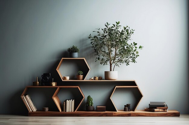 Minimalist wall wooden hexagon shelvesshelf with little tree