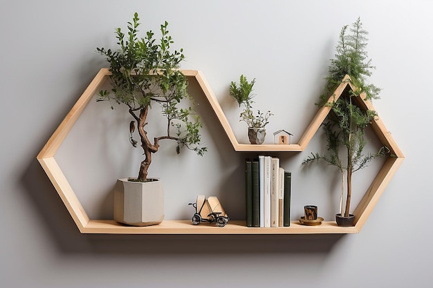 Photo minimalist wall wooden hexagon shelvesshelf with little tree