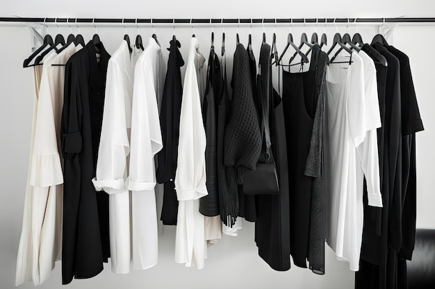 Minimalist wardrobe full of sleek black and white pieces created with generative ai