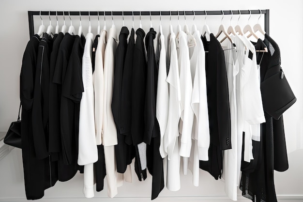 Minimalist wardrobe full of sleek black and white pieces created with generative ai