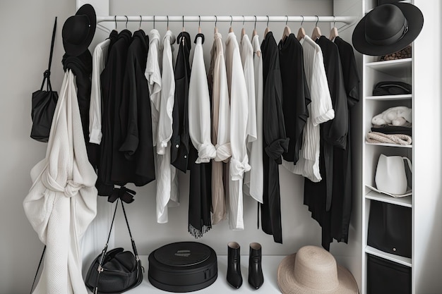 Minimalist wardrobe with black white and gray tones created with generative ai