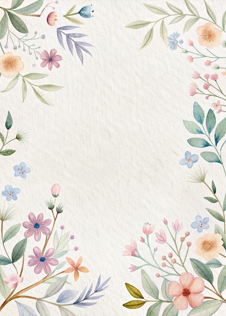minimalist watercolor floral design with soft pastel flowers and green leaves on white textured back