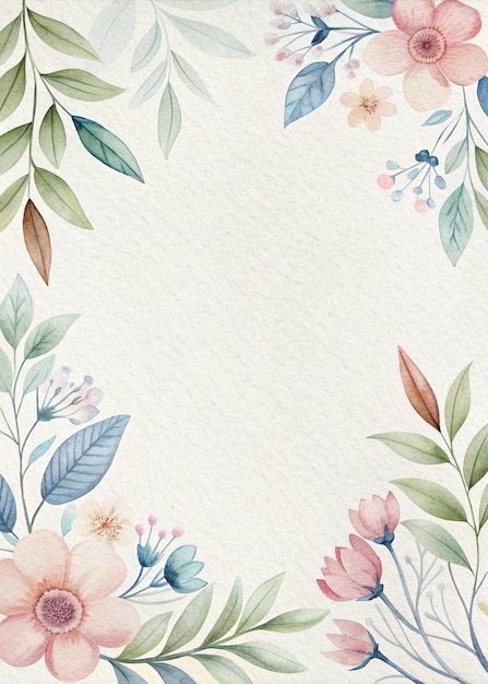 minimalist watercolor floral design with soft pastel flowers and green leaves on white textured back