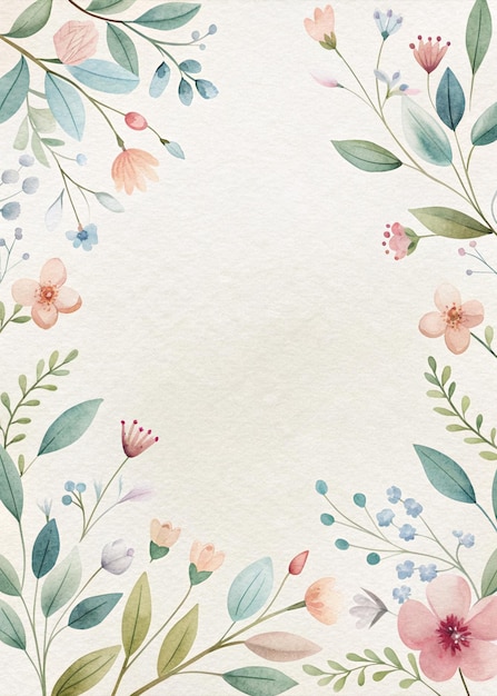 minimalist watercolor floral design with soft pastel flowers and green leaves on white textured back