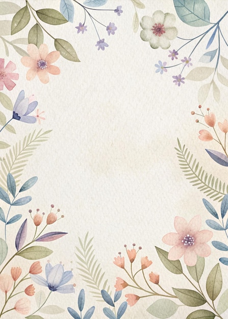 minimalist watercolor floral design with soft pastel flowers and green leaves on white textured back