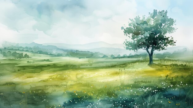 Photo minimalist watercolor painting of spring panoramic landscape