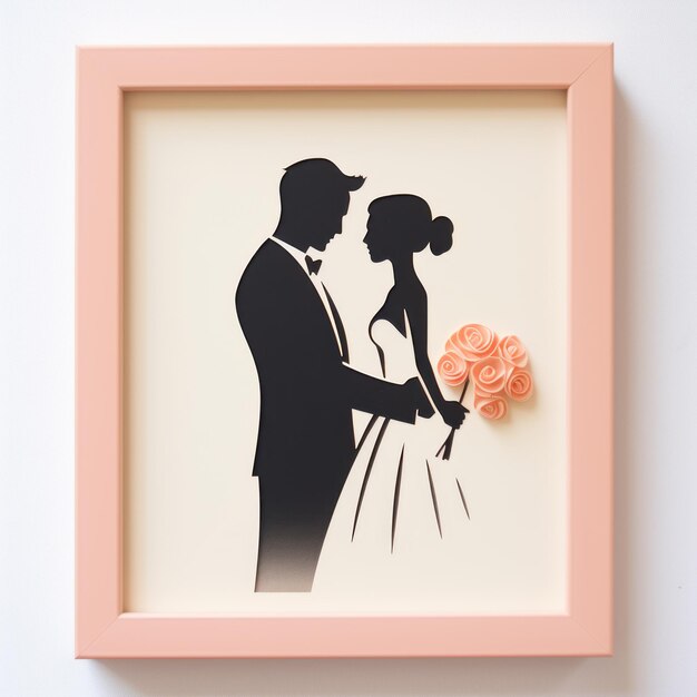 Photo minimalist wedding portrait screen printed with silhouette of wedding couple and roses