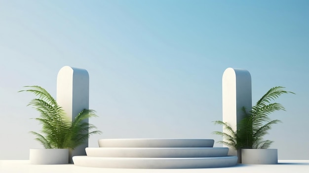 Minimalist White 3D Podium with Subtle Sky Background for Product Showcase and Presentation