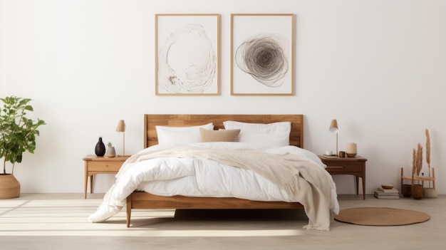 Photo minimalist white bedroom with bed and art pictures