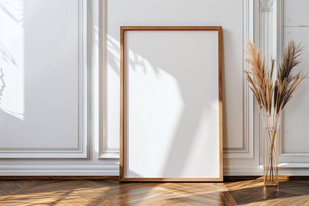 Minimalist white blank picture frame on wall canvas mockup template