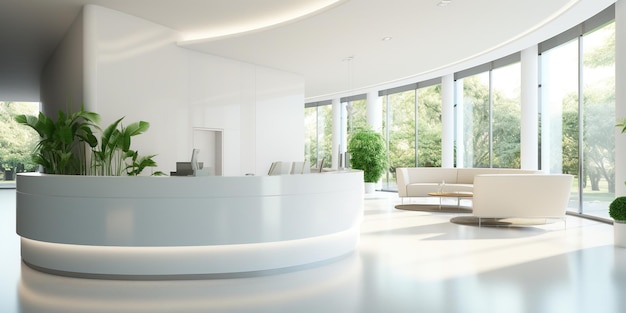 Minimalist white colored reception of modern medical office hospital interior mock up