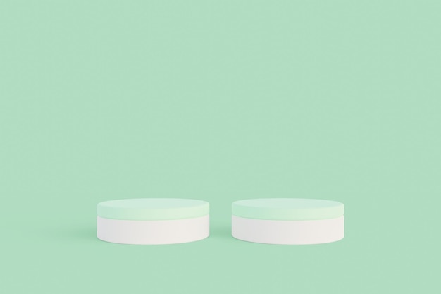 Minimalist white cylinder podium pedestal product display on green pastel background 3d rendering