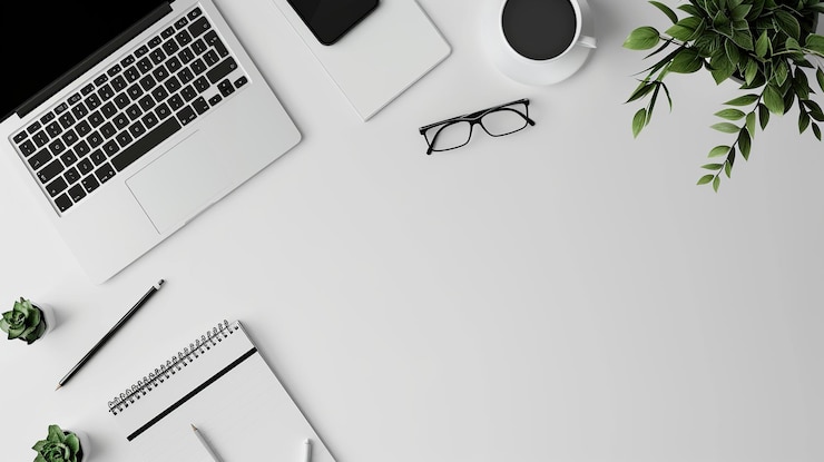 Photo minimalist white desk with laptop coffee and plants