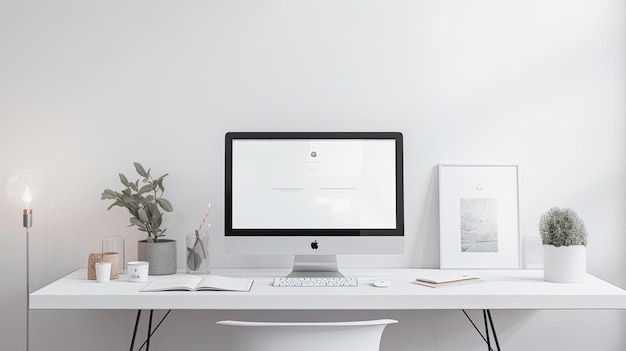 Minimalist white desktop with a chair screen and beautiful table