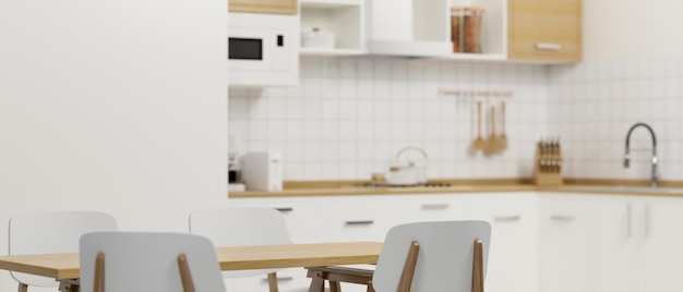 Minimalist white dining room with dining table set and comfy clean kitchen space in the background. 3d rendering, 3d illustration