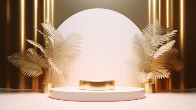 Minimalist white display podium decorated with glamorous golden vase of plants Created with Generative AI technology