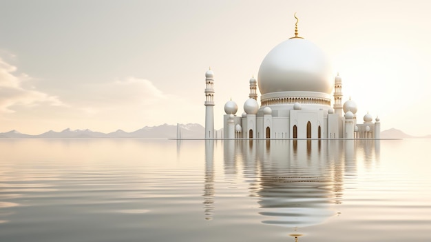Minimalist white and gold mosque on a moon surface with earth rising on the horizon