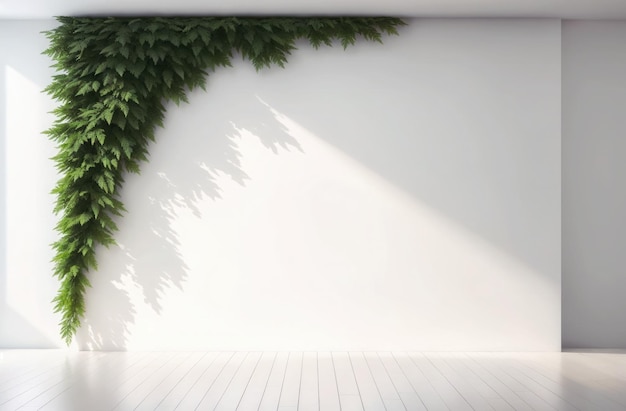 A minimalist white interior with a cascading wall of lush green foliage on the upper left side casting soft shadows on the wall under natural light