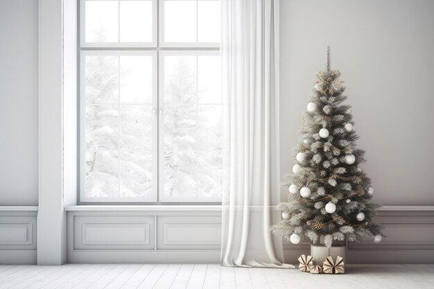 Minimalist white interior with windows and a christmas tree