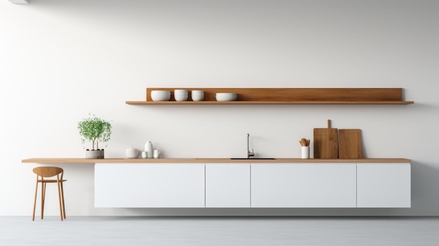 Minimalist White Kitchen With Wooden Shelf And Counter