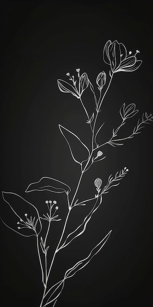 Minimalist White Line Art Botanical on Dark Background