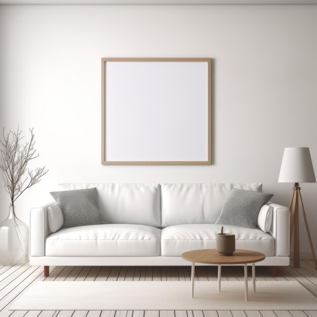 Minimalist White Living Room With Square Couch And Empty Frame