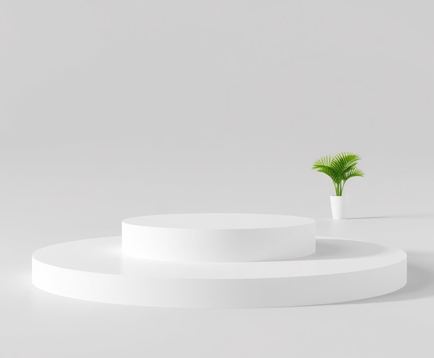 minimalist white podium with a potted plant on a light gray background