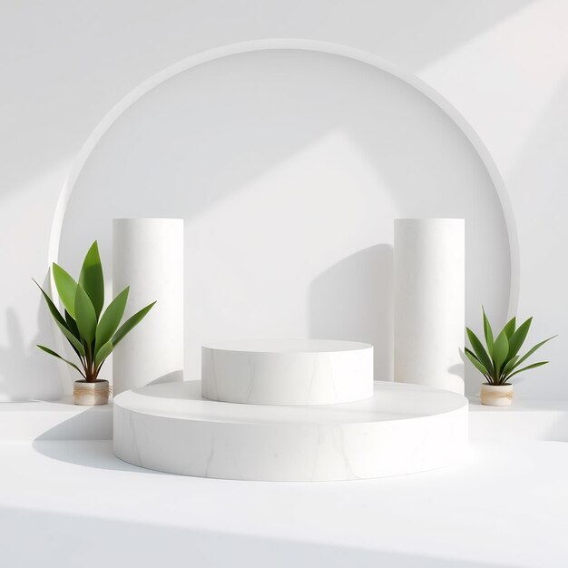 minimalist white podium with two plants on a white background