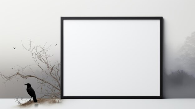 Photo minimalist white poster frame mockup with raven on tree stump