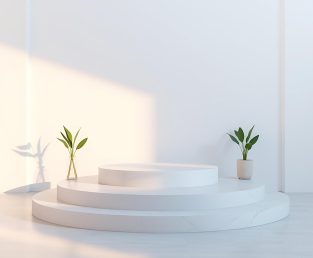 minimalist white round podium with plants on white background