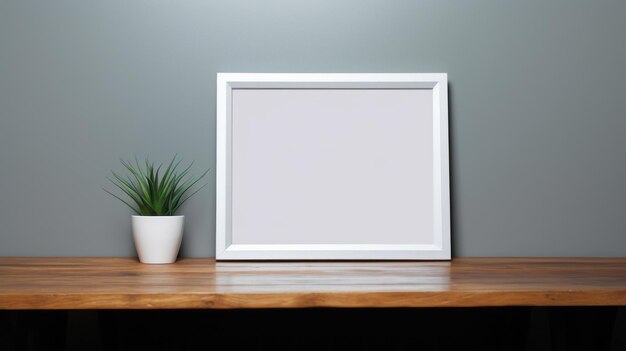 Photo minimalist white square frame mockup with wood wall and plant