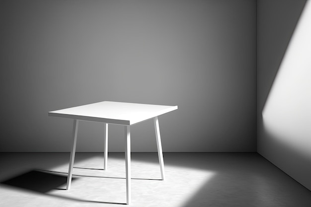 Minimalist white table in a blank white room with natural light Generative AI