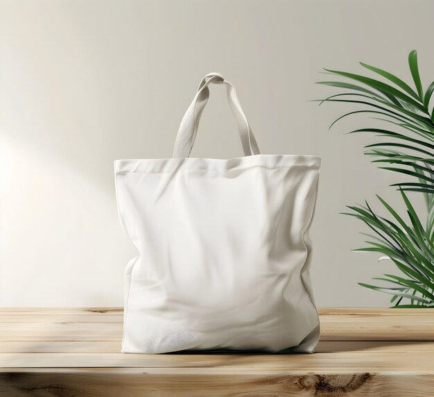 Minimalist White Tote Bag Mockup on Wooden Table