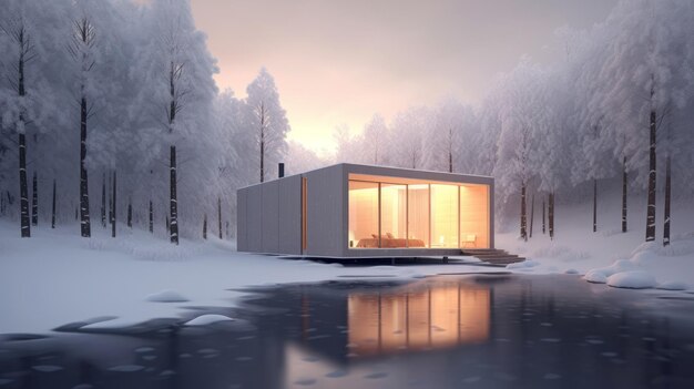 A minimalist winter cabin in a snowy landscape AI generated