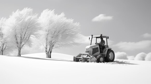 Foto tractor ritratto invernale minimalista in neve monocromatica