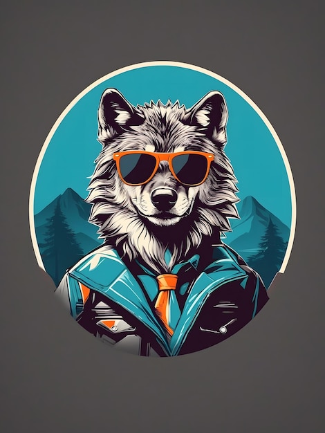 Минималистский волк с солнцезащитными очками Логотип и дизайн футболки AI Generative