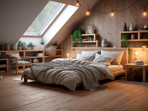 Минималистский деревянный интерьер спальни с сбалансированным стилем