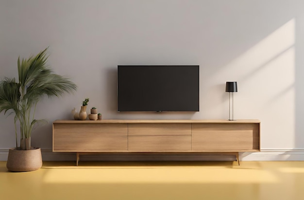 Foto mockup tv in legno minimalista per l'interior design