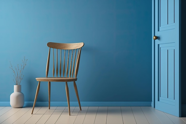 Photo minimalist wooden chair against a bright blue wall generative ai