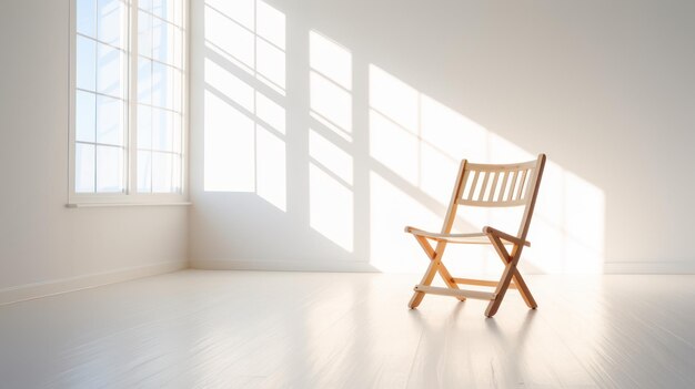 빛 과 창문 그림자 가 있는 현대적 인 고전적 인 집 방 에 있는 미니멀 한 나무 의자