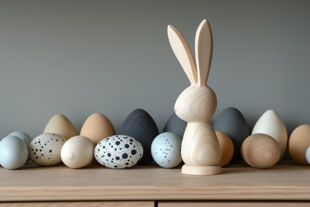 Minimalist Wooden Easter Bunny with Patterned Eggs