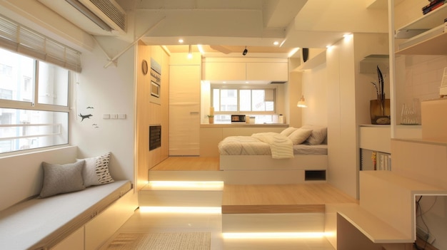 自然光と現代的な美学を持つ快適なアパートのミニマリストの木製インテリアデザイン